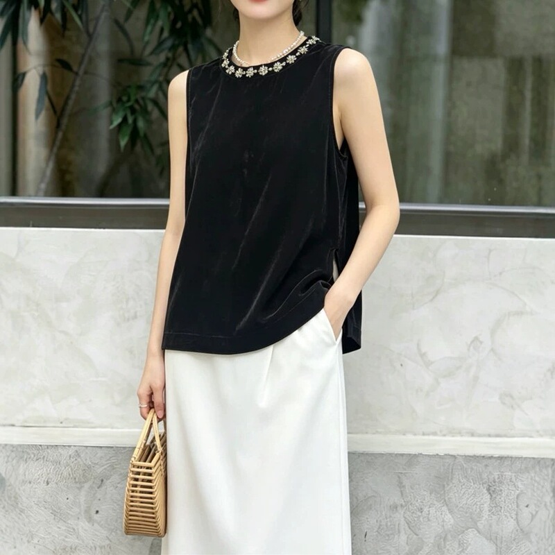 Silk Velvet Reversible Top with Hand-Beaded Neckline, Side Slit, Straight Cut, Exquisite and Elegant Shirt