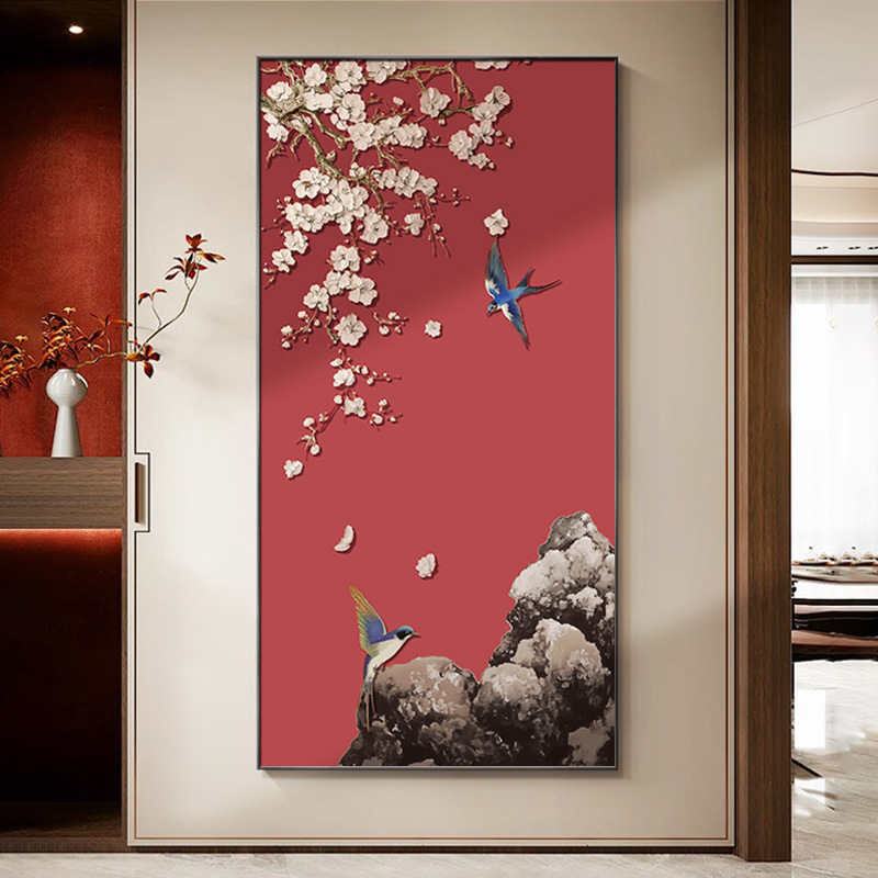 Yinghao New Chinese Style Entrance Hall Hanging Painting Vertical Edition with Gold Foil Texture for Hallway Corridor Model Room High-End Decorative Painting