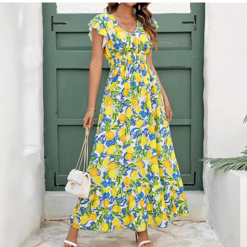 Lemon Pattern Paired with Blue-Green Leaf Pattern Color Dress, Fresh Style, Off-Shoulder Floral Print, Japanese and Korean Casual Style