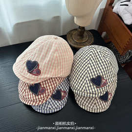 春夏清新百搭文艺格纹前进帽女爱心贴布贝雷帽显脸小文艺画家帽潮