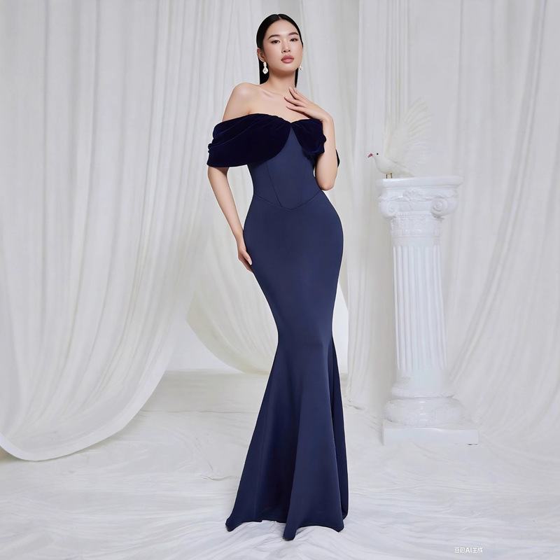 Ybh10157 Party Off-Shoulder Color-Blocked Backless Slim-Fit Maxi Dress Ybh10157 Party Off-Shoulder Color-Blocked Backless Slim-Fit Maxi Dress