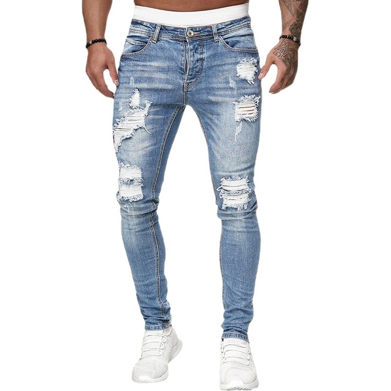 Europa y América AliExpress nuevo Denim pantalones de los hombres de comercio exterior transfronterizo rasgado moda Slim jeans pantalones ajustados hombres