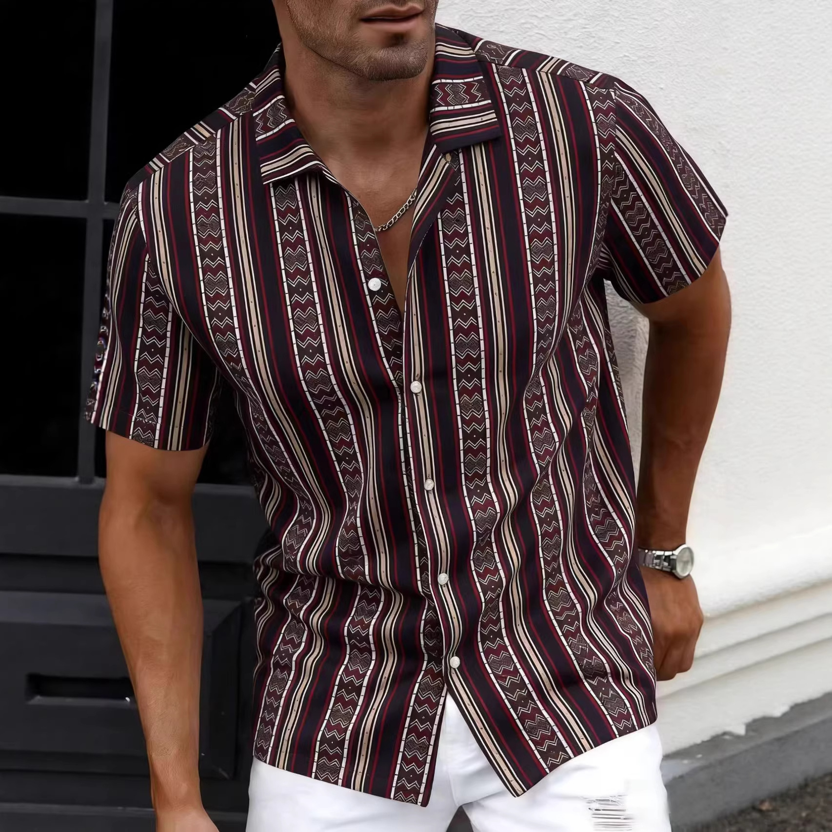 Fashion men's red and blue striped cotton and linen men's short sleeve shirt men's shirt summer 2025 new cross-border exclusive