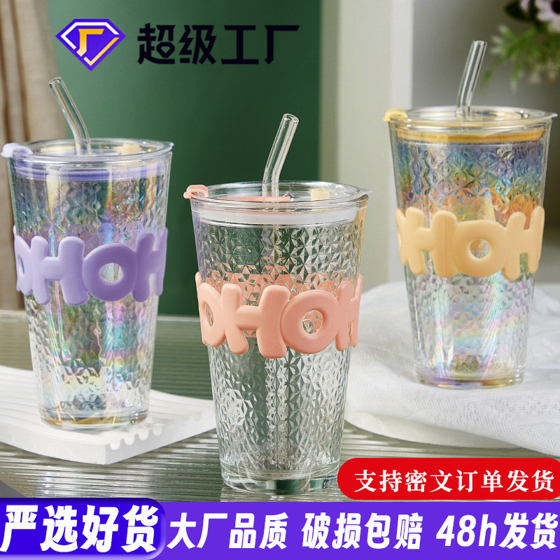 Letter High-Looking Glass Water Cup, Large Capacity, Colorful Letter Cup for Girls, Cold Brew Coffee Cup with Lid, Straw Cup