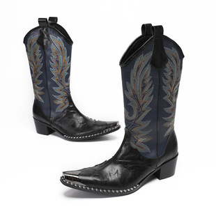 Chinese Style Autumn and Winter Leather High Boots Thick Heel Men's Boots Single Boots Retro Ethnic Style Embroidered Men's Shoes Cowhide Men's Boots
