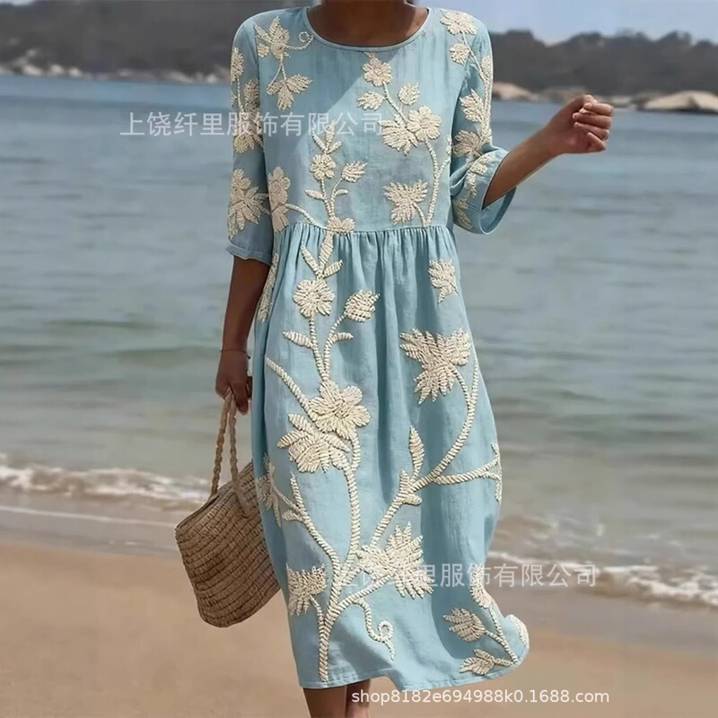 2026-Tr275-(Waist-Cinching) Women's 3D Printed Casual Versatile Round Neck Long Dress A-Line Skirt 2026-Tr275-(Waist-Cinching) Women's 3D Printed Casual Versatile Round Neck Long Dress A-Line Skirt