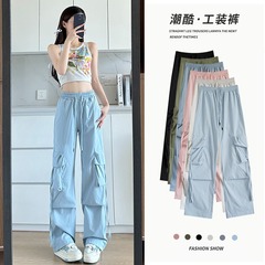 女性用作業ズボン、小柄な方向け、新作、夏用薄手、ハイウエスト、ストレート、ワイドレッグ、カジュアル、速乾、アメリカンスタイルスポーツパンツ
