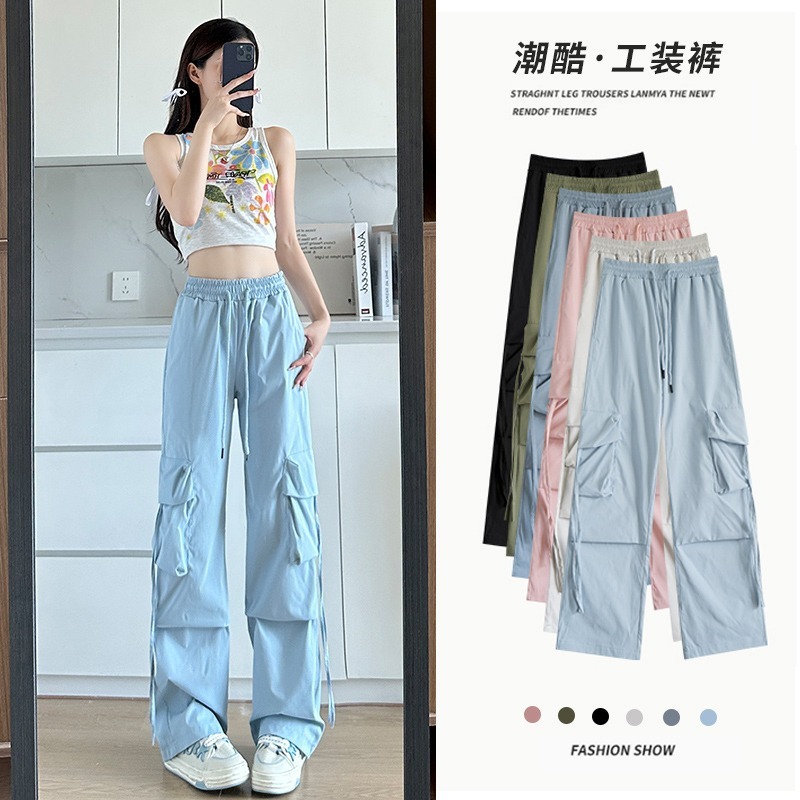 女性用作業ズボン、小柄な方向け、新作、夏用薄手、ハイウエスト、ストレート、ワイドレッグ、カジュアル、速乾、アメリカンスタイルスポーツパンツ|undefined