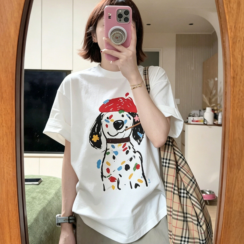 Plus-size Korean-style creative cute painter puppy print short-sleeve T-shirt for women, loose-fitting large-size half-sleeve top