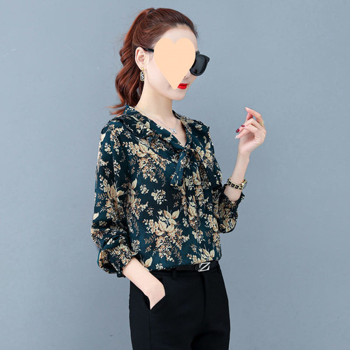 2025 chiffon blouse new high-end floral chiffon women's Korean version stylish women's long-sleeved tunic top