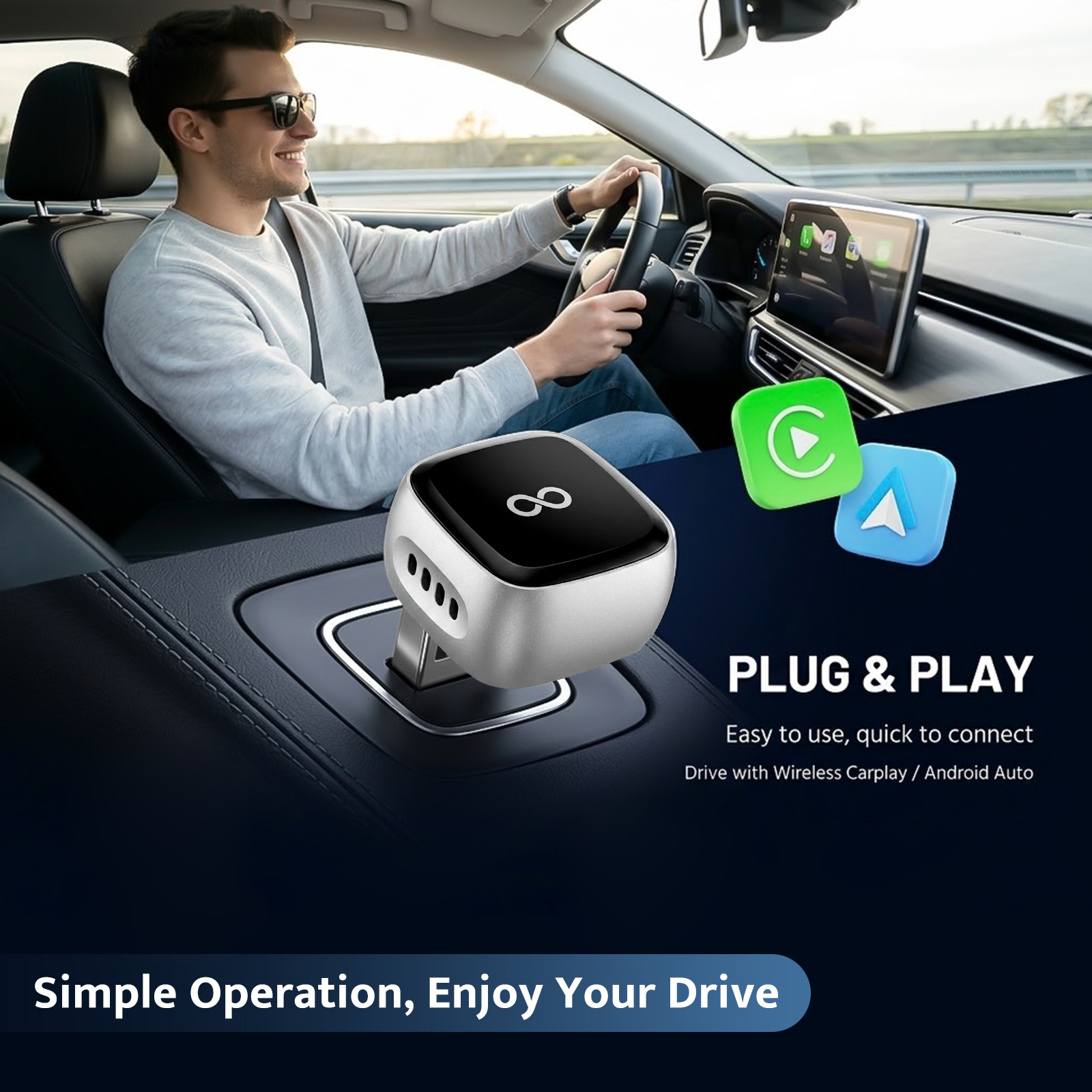 Apple and Android 2-in-1 wired-to-wireless CarPlay adapter, in-car connectivity converter, smart car system box