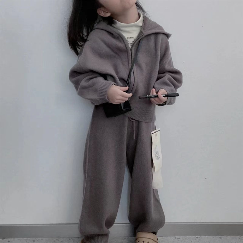 儿童韩版洋气针织套装韩国童装女童秋冬连帽毛衣外套休闲裤两件套