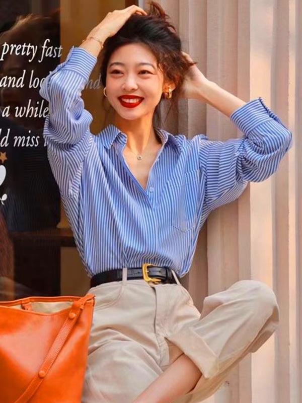 哥家商场同款女装2025早秋新款蓝色条纹衬衫女法式时尚高端衬衣|undefined