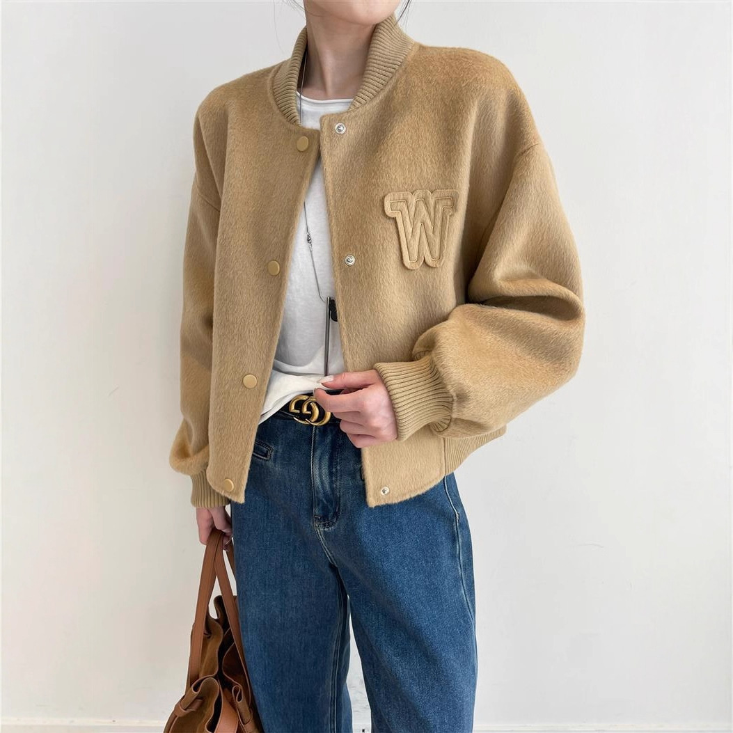 柜货级！70支100羊毛 M周末拉链羊毛双面毛呢大衣短外套夹克女冬