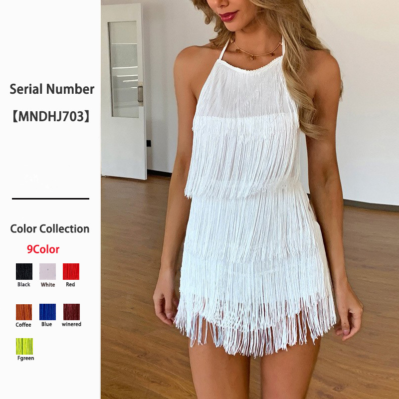 Vestido de verano 2026 de moda europea y americana para mujer, con cuello halter, borlas, diseño sexy y estilo de una pieza sin espalda.