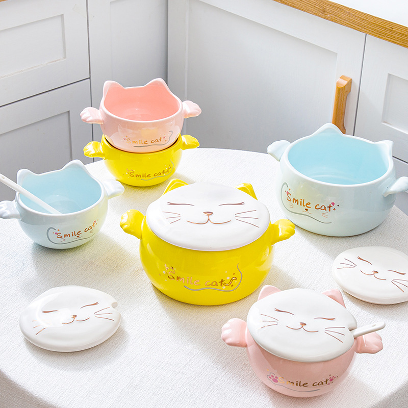 Estilo japonés gato simple tazón de fideos instantáneos vajilla tazón de arroz con tapa cuchara lindo tazón de sopa binaural de cerámica Esmalte de color para niños tazón