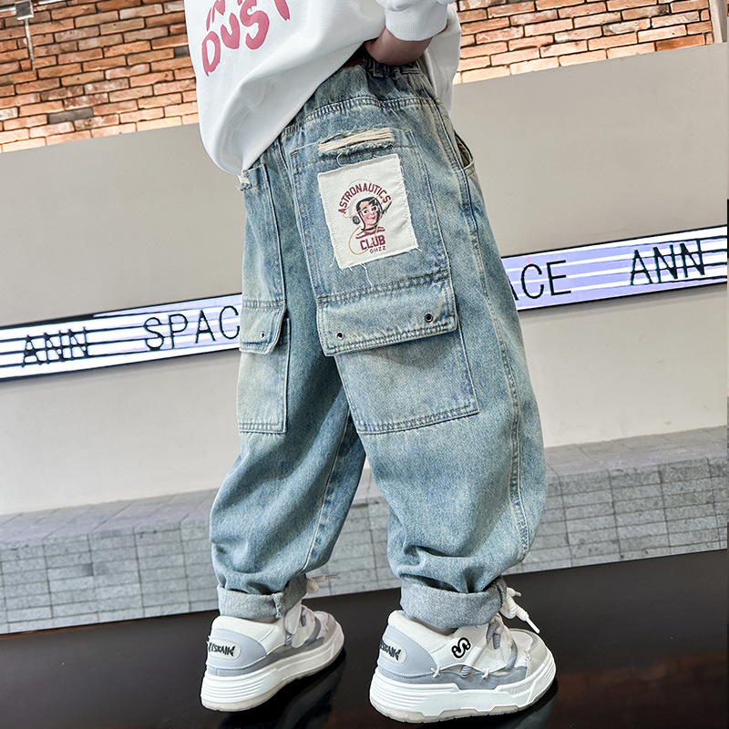 Children's Jeans 2024 New Spring and Autumn Season Plain Color Stylish Loose Pants for Older Children Spring Thin Long Pants Trendy