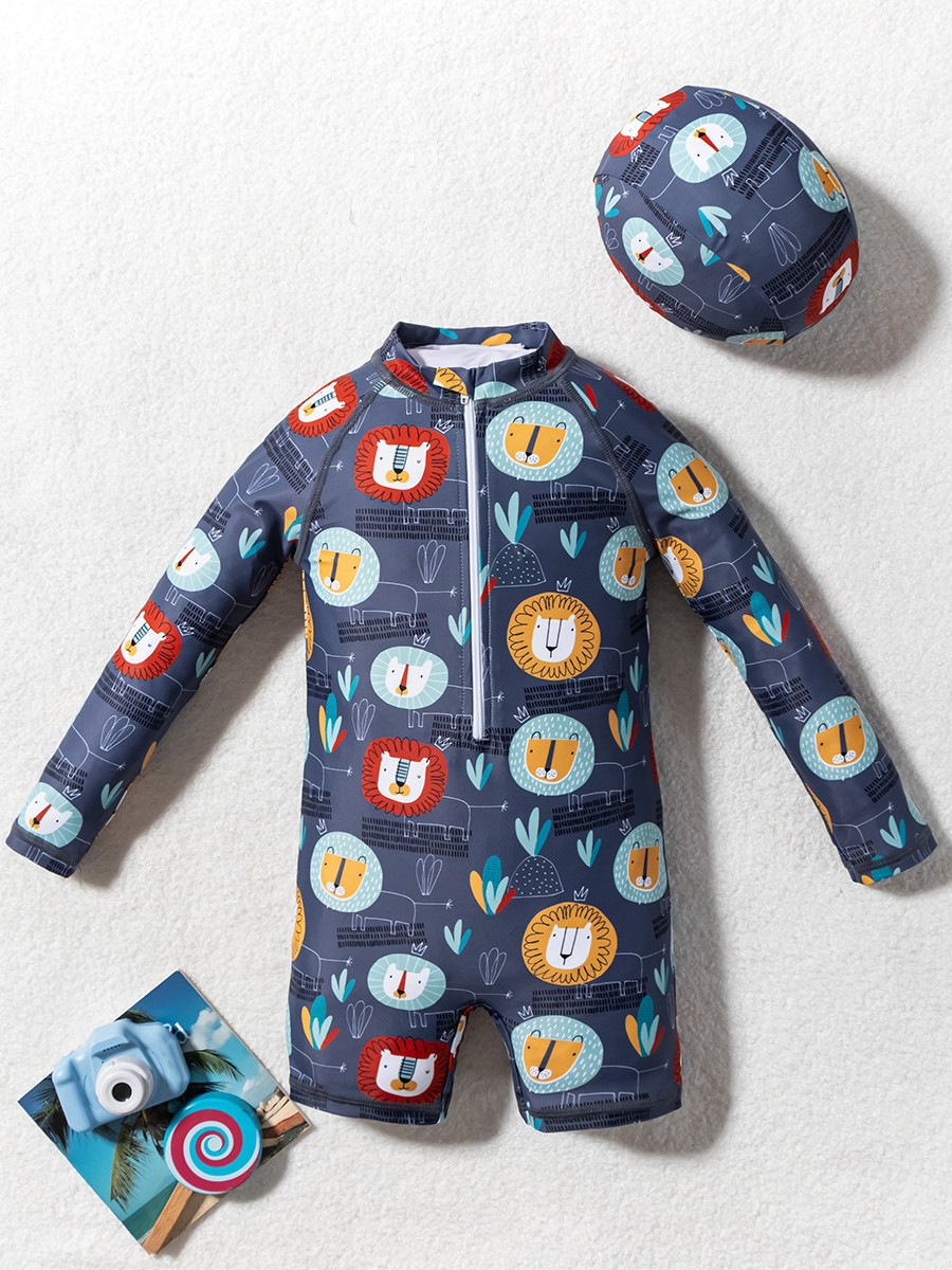 Fashionable Children's Swimwear, Cute Boys' Printed Swimsuit, Beach Long-Sleeved Sun-Protective Hot Spring Swimsuit Set, Cross-Border One-Piece