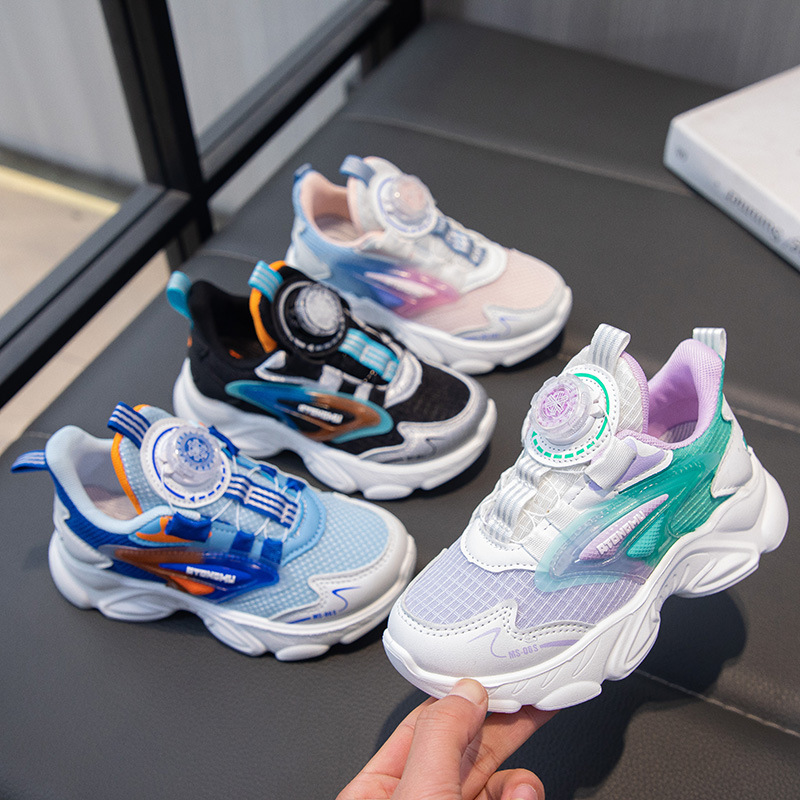 旋轉紐扣時尚百搭運動鞋男女童跑步鞋戶外休閒鞋春季青少年籃球鞋