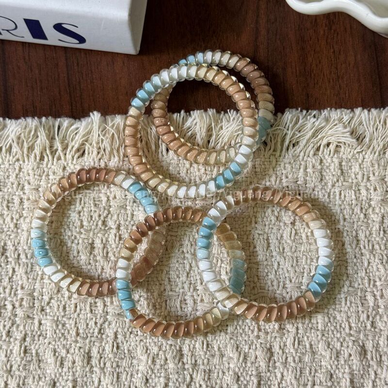 Ins-Style Milk Coffee Blue and White Color-Blocked Transparent Telephone Wire Hair Tie, Versatile Hair Rope, Gentle and Elegant Hair Accessory