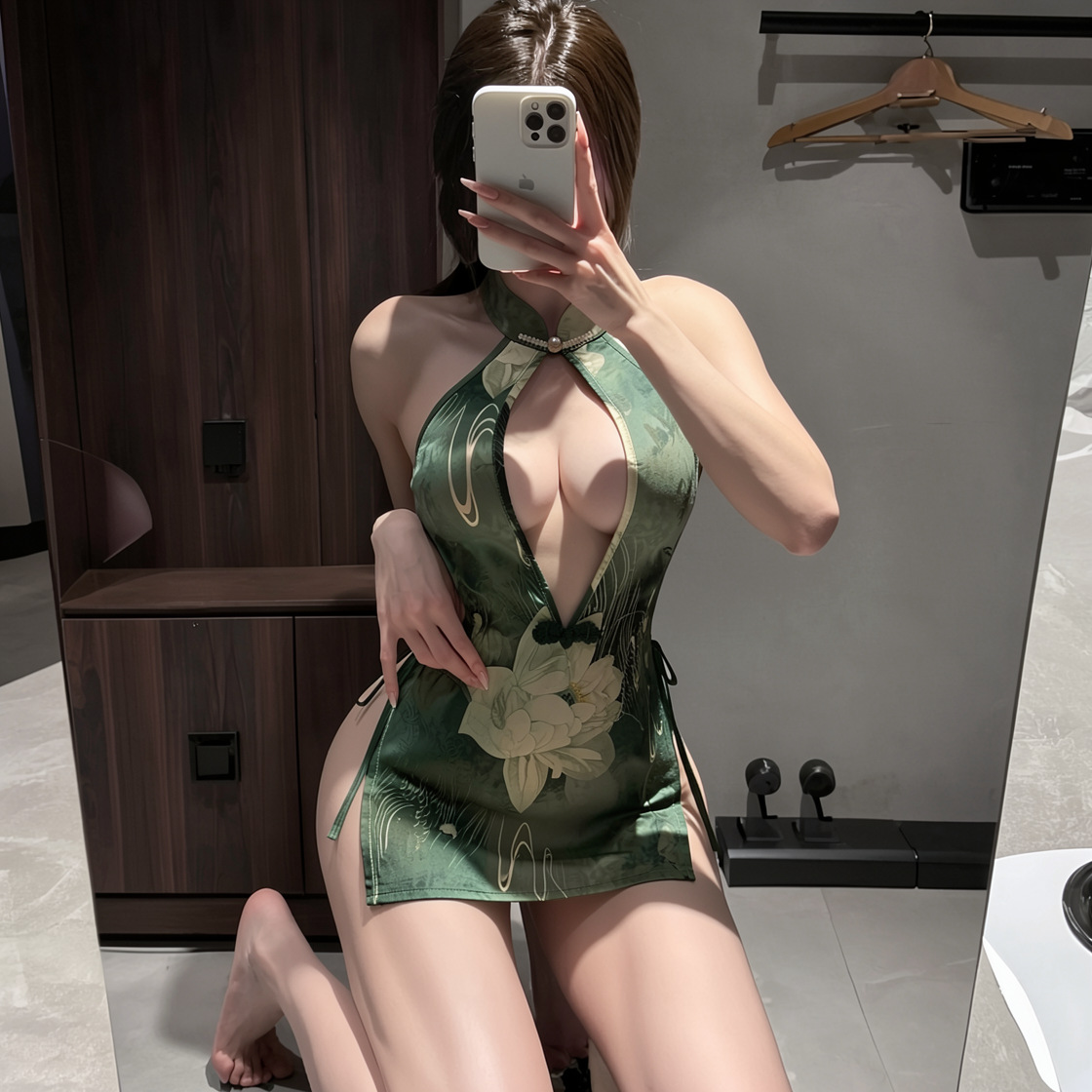 Halter-Neck Cheongsam Lingerie Set with Sheer Slit Design and Thong — detail image 4