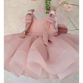 亚马逊跨境周岁礼服女童小公主粉色缎面蝴蝶结蓬蓬裙周岁走秀礼服