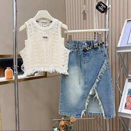 女童夏装2025新款时髦洋气镂空夏季背心吊带上衣牛仔三件套套潮流