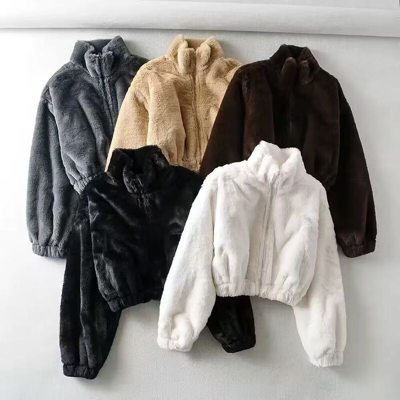 American Retro Women's Zipper Stand Collar Faux Fur Loose Short Coat Stylish Plush Thickened Jacket Cardigan Top