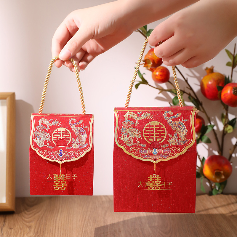 廠家批發手提超閃金蔥喜糖盒燙金結婚糖盒高級感中式喜糖包裝袋