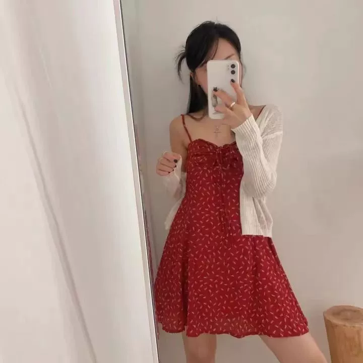 Трансграничное эксклюзивное летнее сокращение ретро нишевый темперамент цветочный слинг платье талия тонкая красная юбка женская