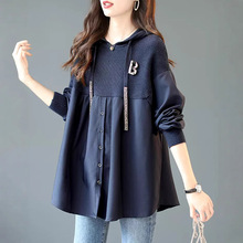 欧洲站针织拼接女装长袖休闲连帽上衣2022秋季新款中长款慵懒卫衣