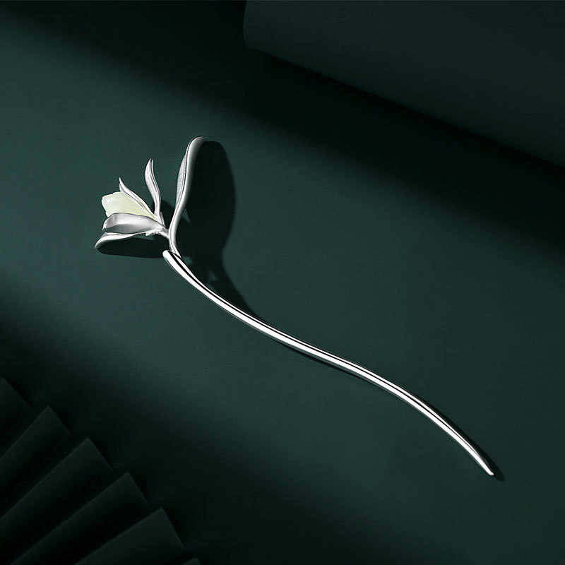 Qing He Magnolia s925 sterling silver Hetian jade hairpin ancient style jewelry simple Hanfu headdress step shake gift for girlfriend