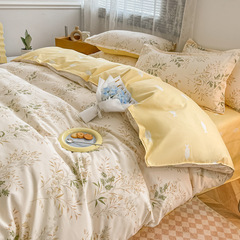 Pure cotton four-piece set, thick flocked cotton bed sheet and duvet cover, simple dormitory three-piece set, gift wholesale