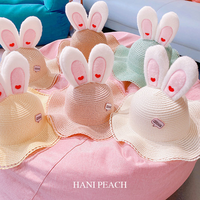 HD442A04 韩国夏季新款可爱立体兔耳朵儿童宝宝遮阳太阳帽草编帽