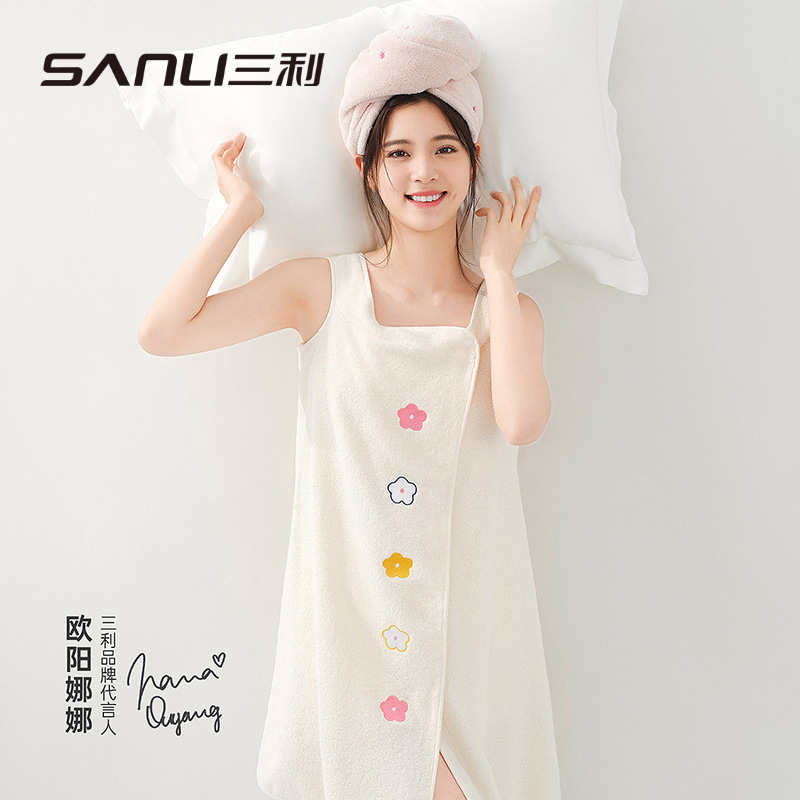 三利毛巾亞馬遜跨境浴裙純棉吊帶刺繡全棉可穿浴巾抹胸成人浴巾