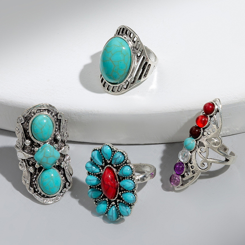 Women's Gender 4 Pieces Geometric Open Rings Rings Alloy December Birthstone Turquoise Turquoise Women's Retro Open Rings Rings