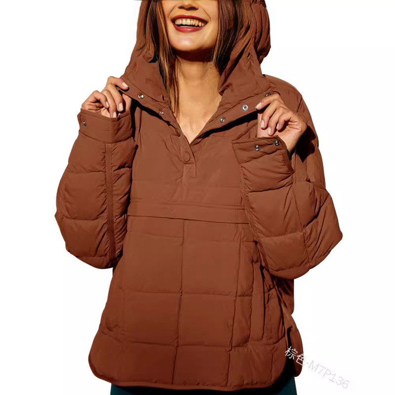 欧美2025新款休闲时尚纯色棉服宽松长袖套头连帽圆下摆上衣|undefined