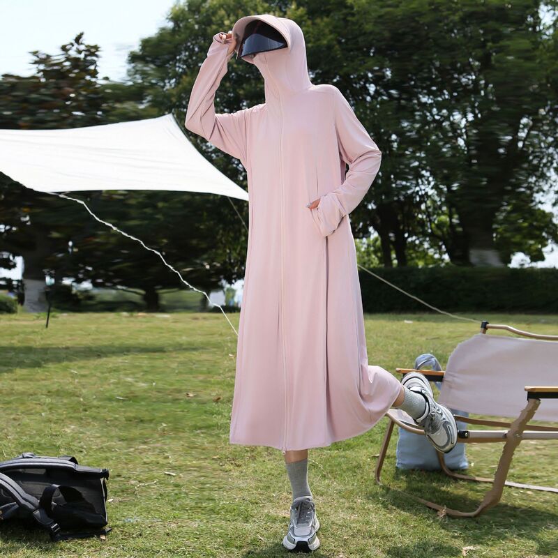 女性のためのロングアイスシルク日焼け止め服 2025 新しい夏の超ロングブラウス抗 UV 屋外全身日焼け止め服|undefined