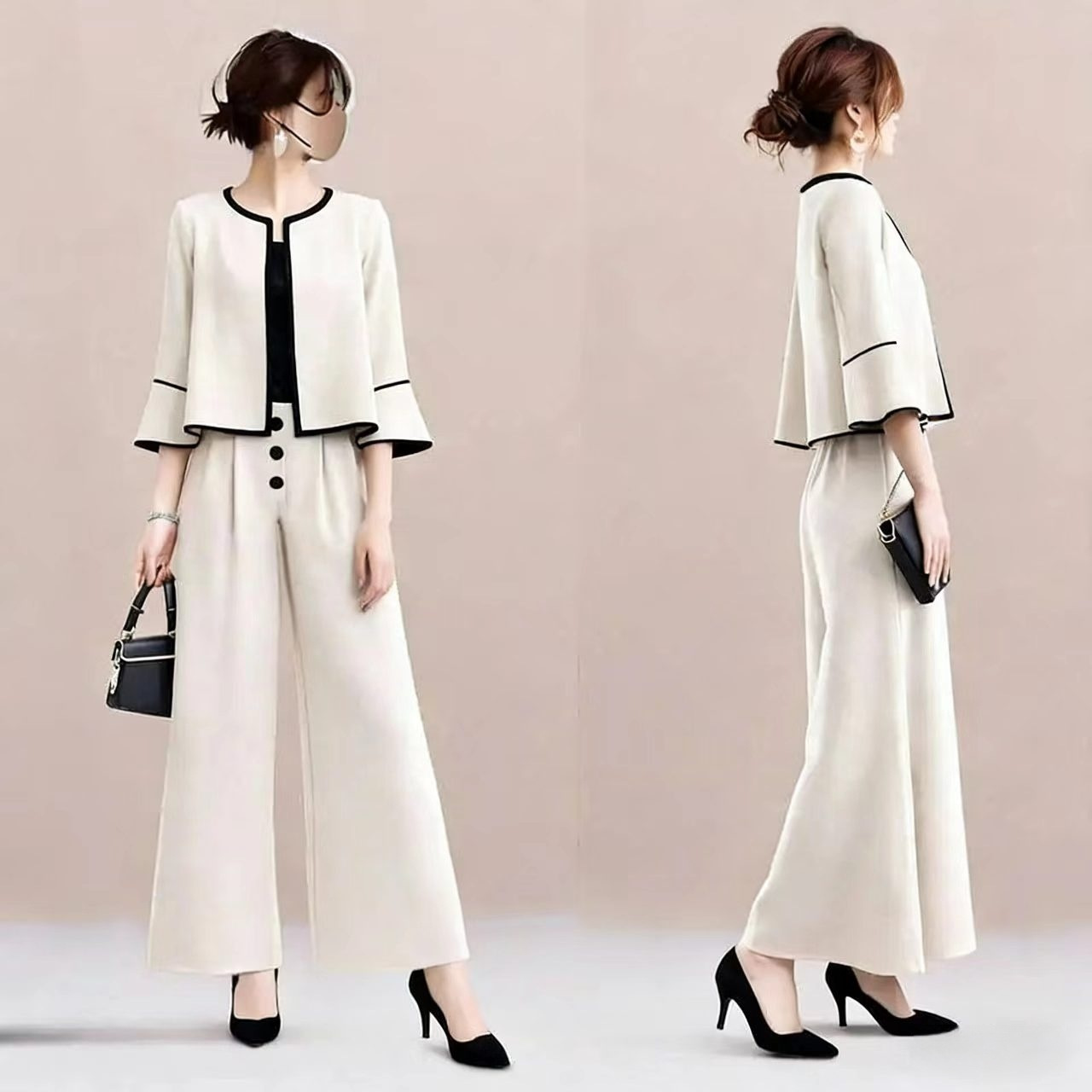 2026 Spring/Summer New Style Round Neck Color-Block 7/8 Sleeve Jacket with Buttons and Straight-Leg 9/10 Pants Two-Piece Set for a Stylish Commuter Look