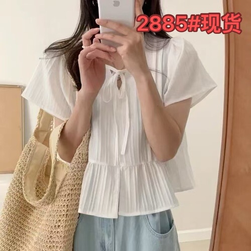 Chic Korean-style summer doll shirt, soft and sweet butterfly bow pleated shirt, design-oriented women's top