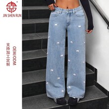 美式高街Y2K牛仔裤女2025春新款高腰洗水蝴蝶结阔腿裤子潮JEANS