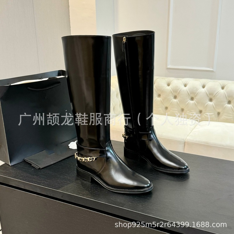 高端2025秋冬小香真皮英伦复古平跟金属链条侧拉链高筒骑士靴长靴|undefined