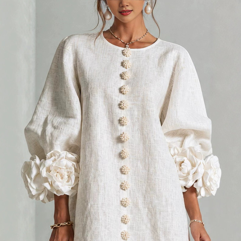 French-style three-dimensional floral lantern sleeve cotton-linen dress, round neck, single-breasted, loose-fitting, figure-flattering holiday short dress YJ190