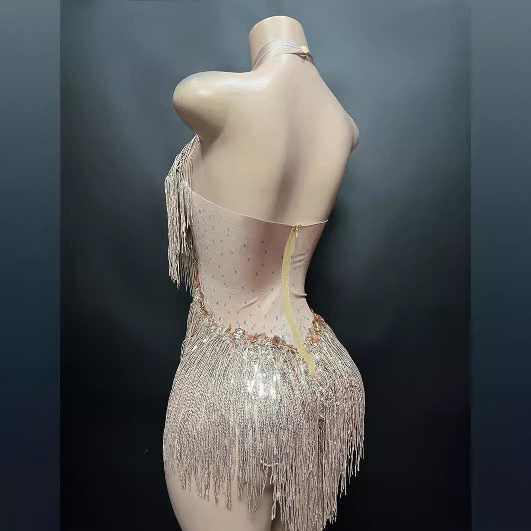 NOCANCE 2023 nuevo champán sexy brillante diamante borla cuello redondo corto elegante de lujo mono