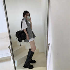 欧货春秋新款大码开叉背心v领纯色针织衫马甲女宽松外穿叠穿上衣