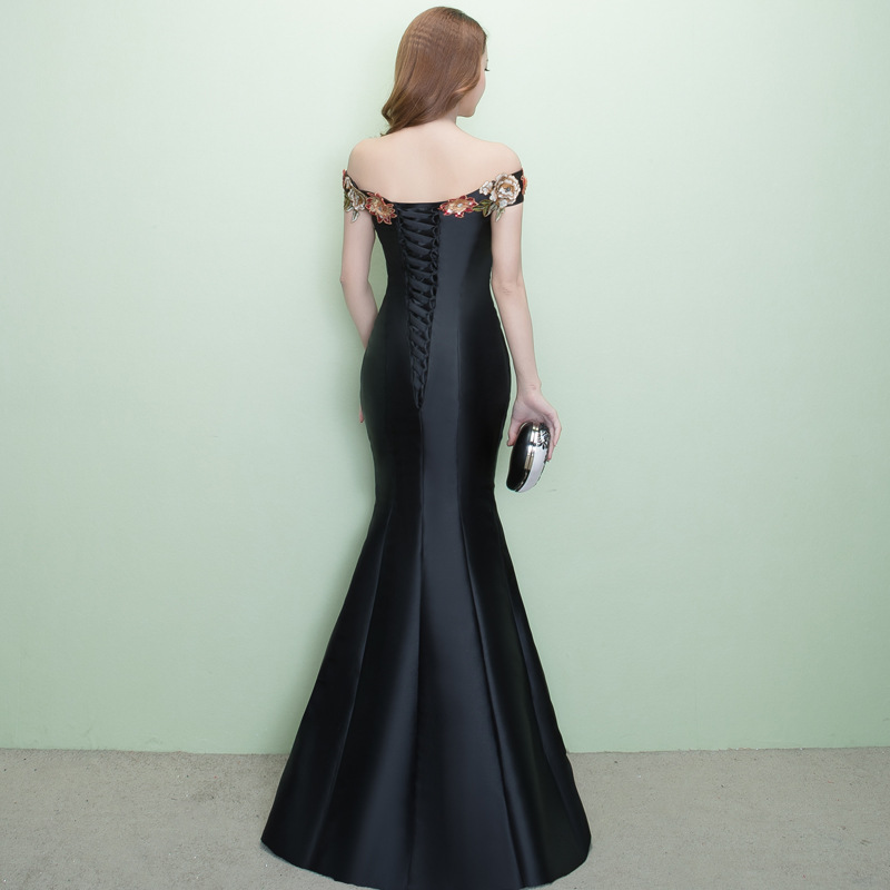Comercio exterior europeo y americano Amazon AliExpress deseo nuevo bordado apliques off-hombro fishtail Delgado temperamento vestido de noche