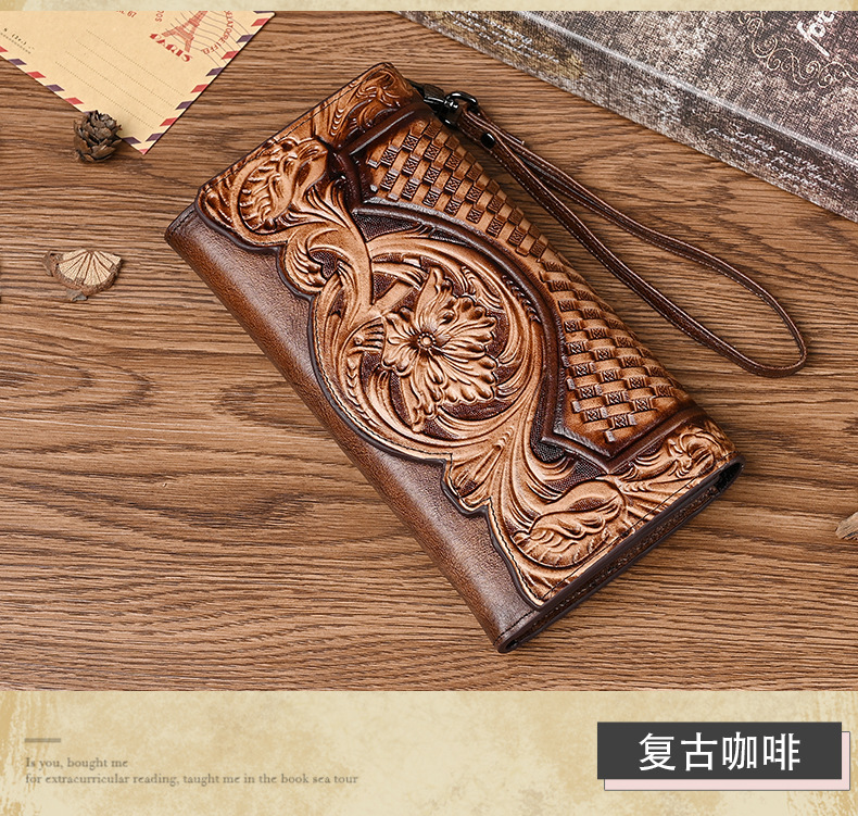 Ví cầm tay nữ da bò dáng dài gấp ba họa tiết in hoa cổ điển — Màu nâu cổ điển, Màu đen cổ điển, Cà phê cổ điển chi tiết 14