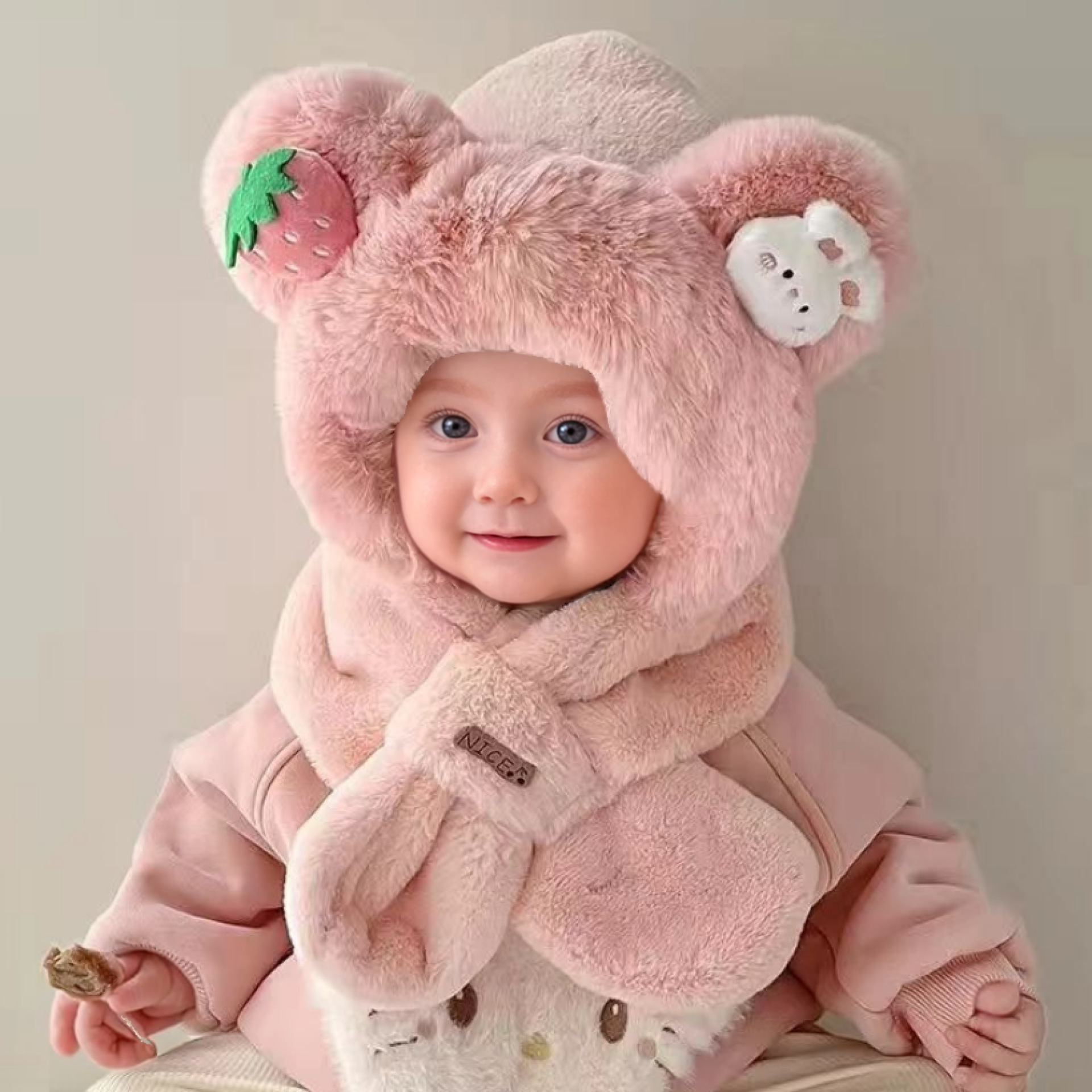 儿童帽子围巾一体秋冬季男女童可爱毛绒帽防风保暖加绒宝宝护耳帽