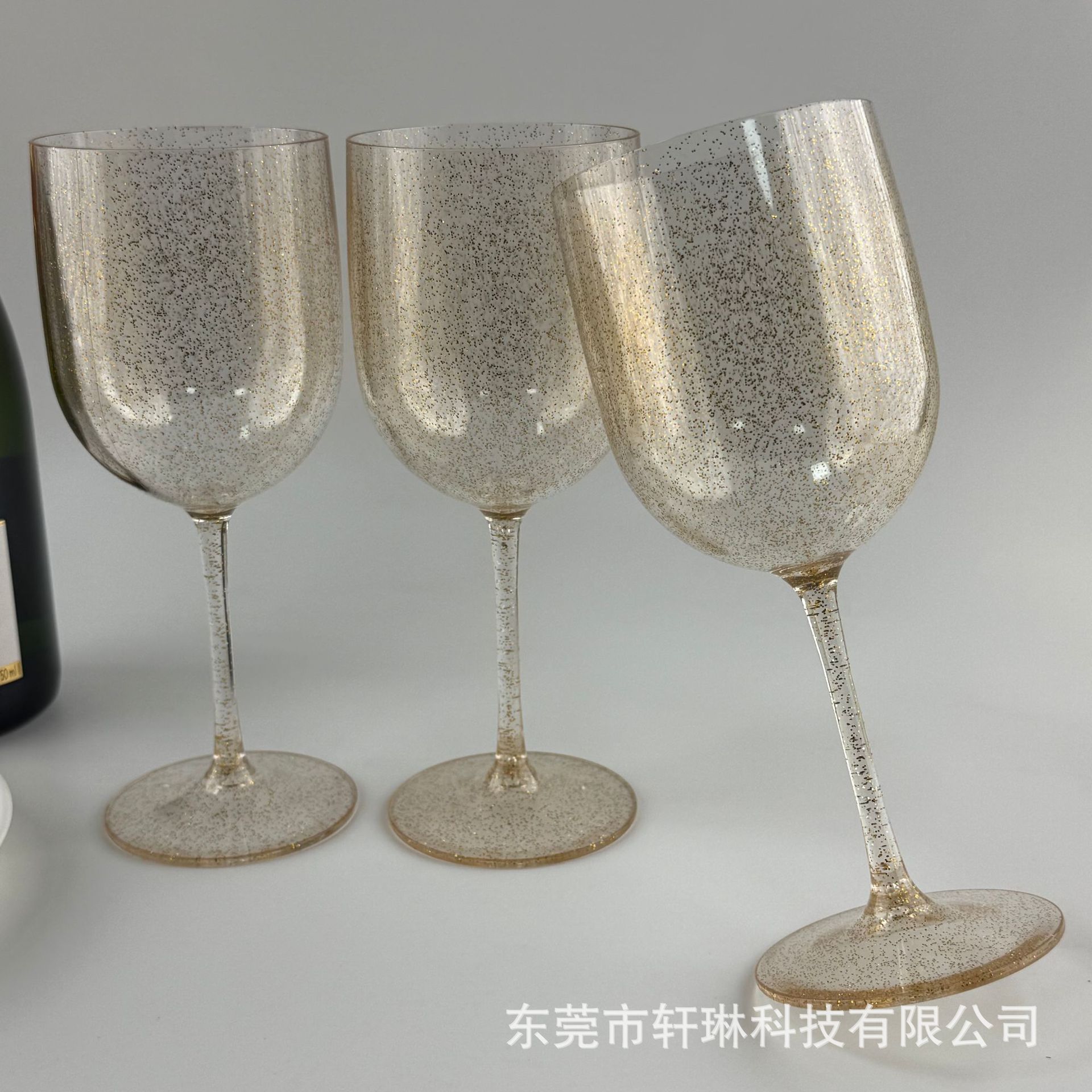 亚马逊爆款16oz金闪粉香槟杯PS塑料高脚杯红酒AS塑料金粉葡萄酒杯
