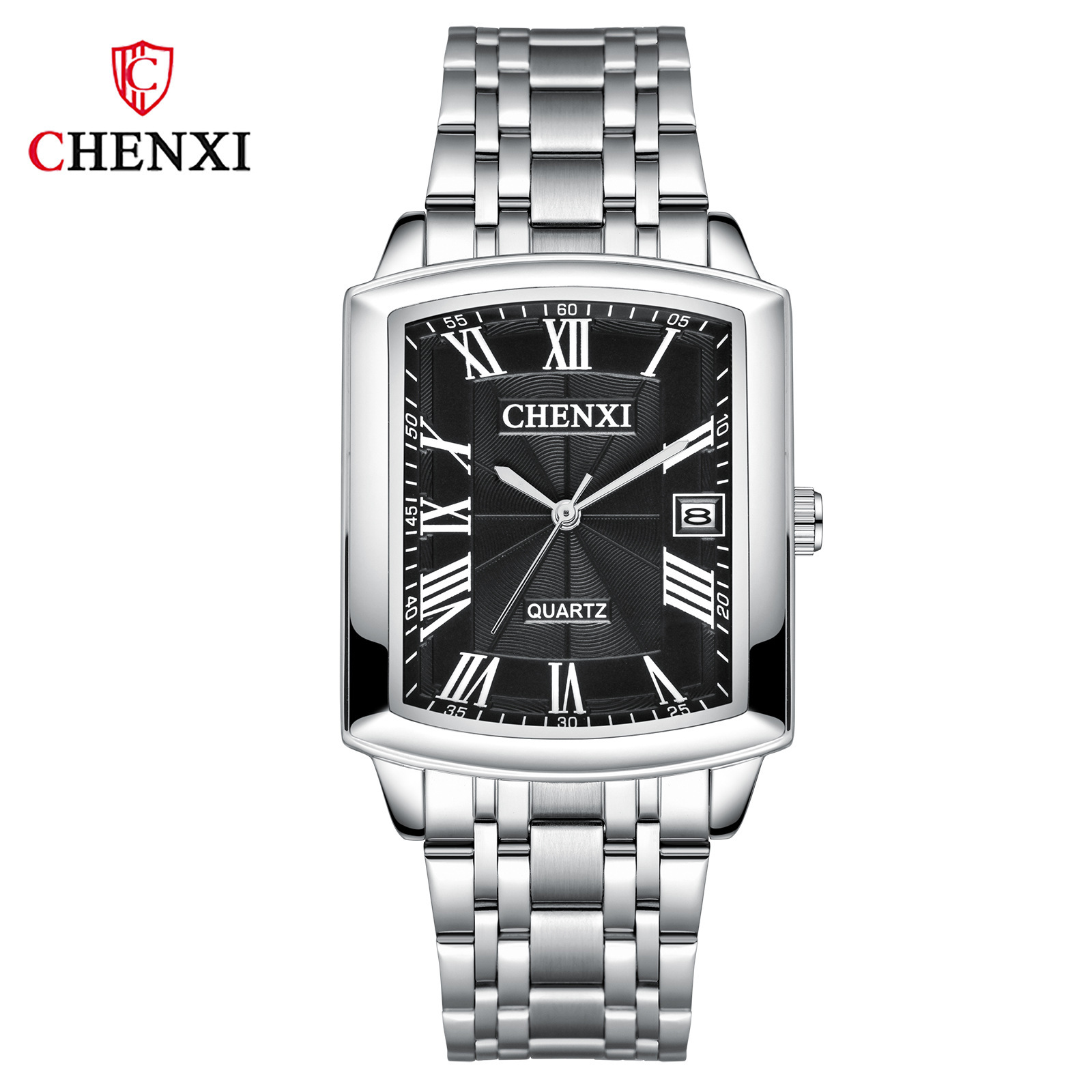 Reloj de pareja chenxi escala romana calendario de ocio reloj de cuarzo correa de acero cuadrada reloj de hombre 079A